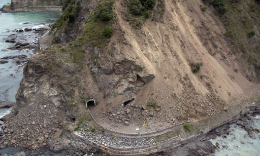 The aerial photo shows the damage to a state highway near Kaikoura, New Zealand Monday, Nov. 14, 2016 after a powerful earthquake. A powerful earthquake that rocked New Zealand on Monday triggered landslides and a small tsunami, cracked apart roads and homes, but largely spared the country the devastation it saw five years ago when a deadly earthquake struck the same region. (David Alexander/SNPA via AP)